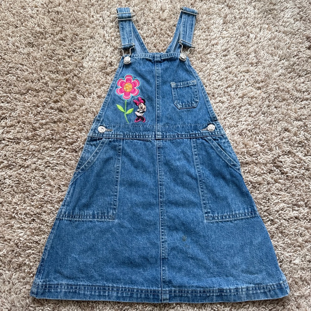 Vintage Disney Minnie Mouse Denim Jumper Dress Girls Size 4 Blue 90s Cotton